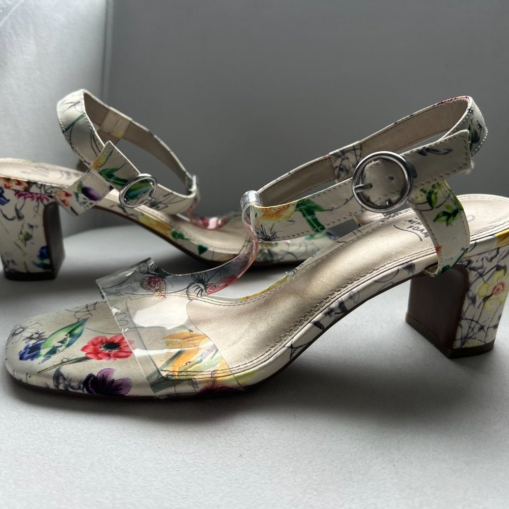 IMPO- Size 8.5, Floral Print Sandals, 2.5" Block Heel, Clear T-strap